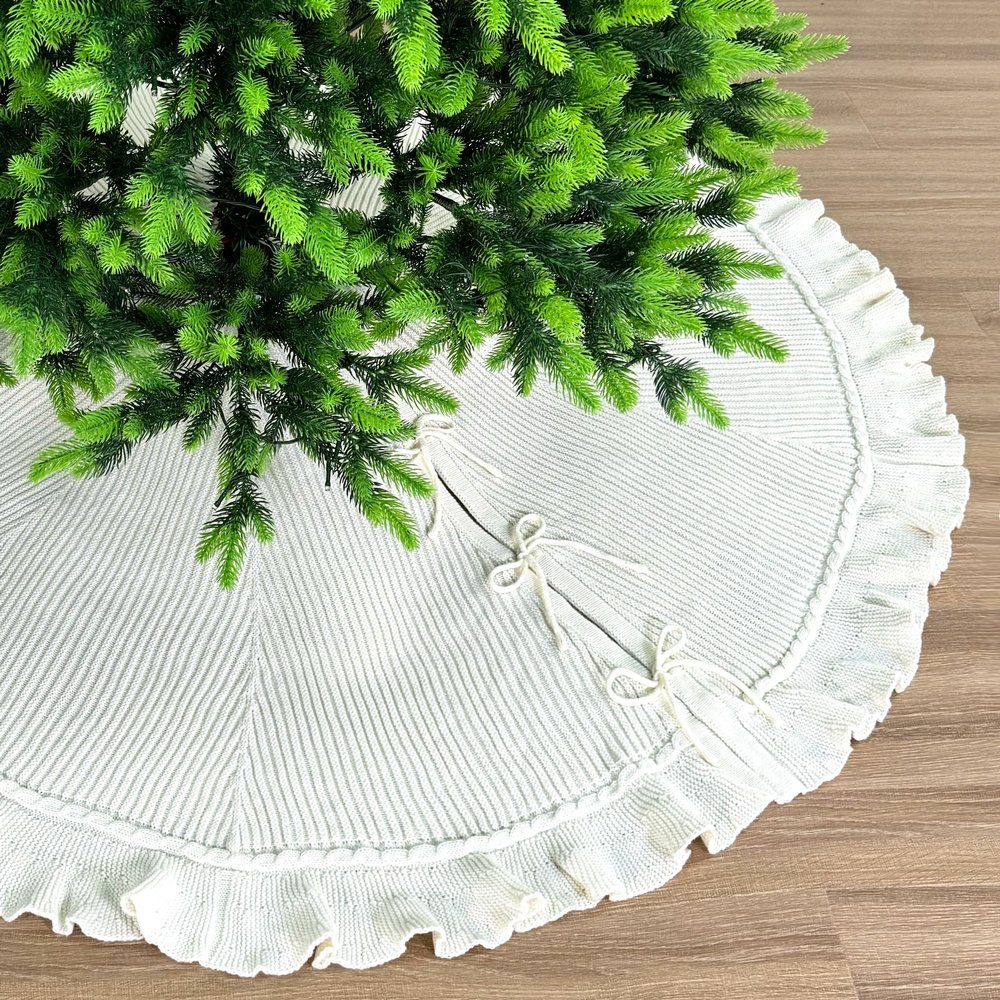 48-Inch Ruffled Sweater Knit Christmas Tree Skirt with Lace Ties, Cream White