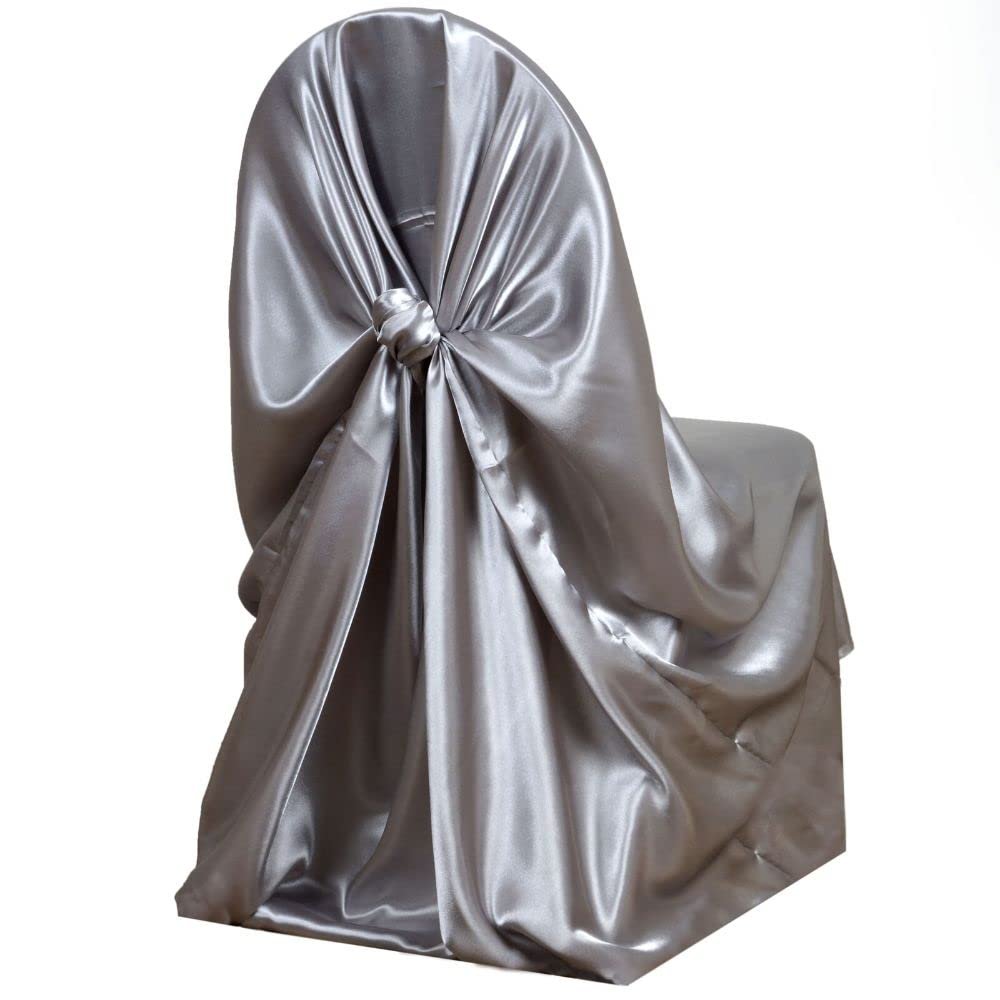 6 Pcs Silver Satin Universal Chair Cover for Wedding Banquet Reception Light Gray