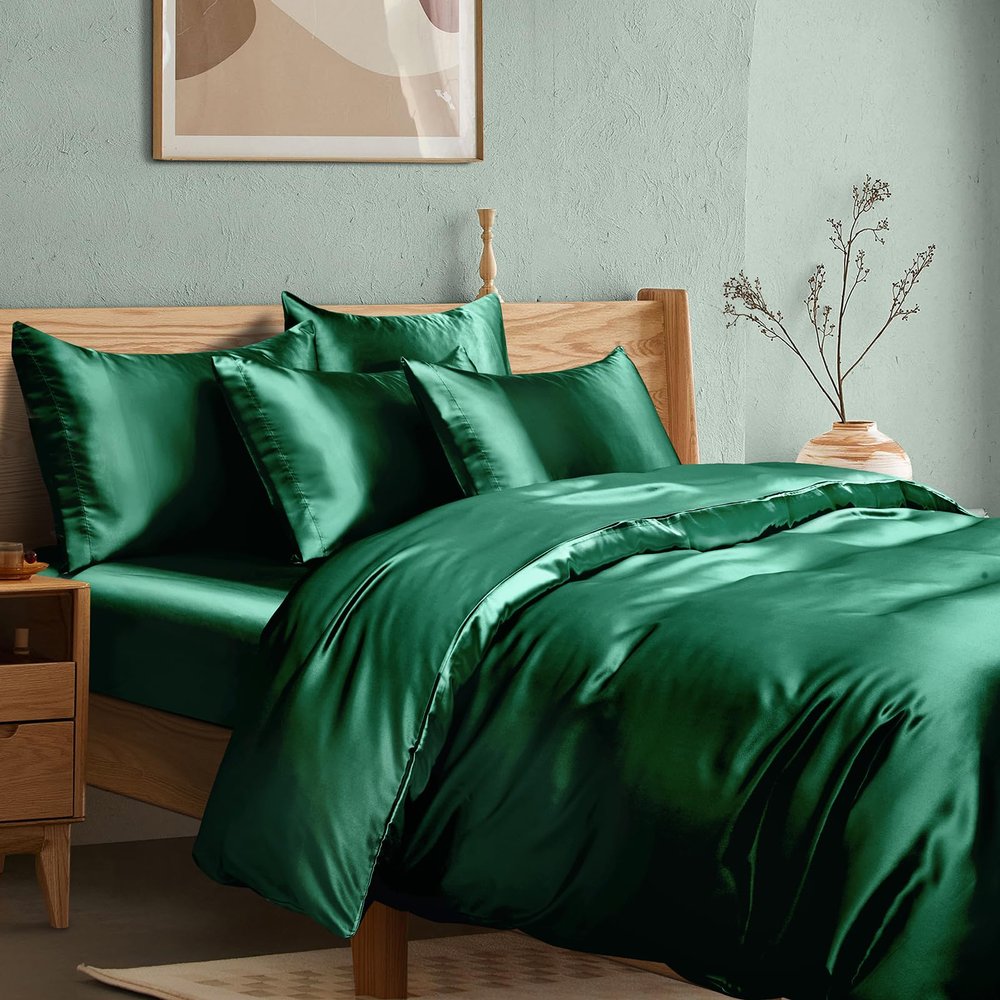 Manyshofu 6Pcs Dark Green Duvet King Size Cover Set With Satin Fitted Sheet - Not Comforter, Cooling & Silky Comforter Cover Set Satin Duvet Cover Sheets (4 Pillowcases, 1 Duvet Cover, 1 Fitted Sheet)