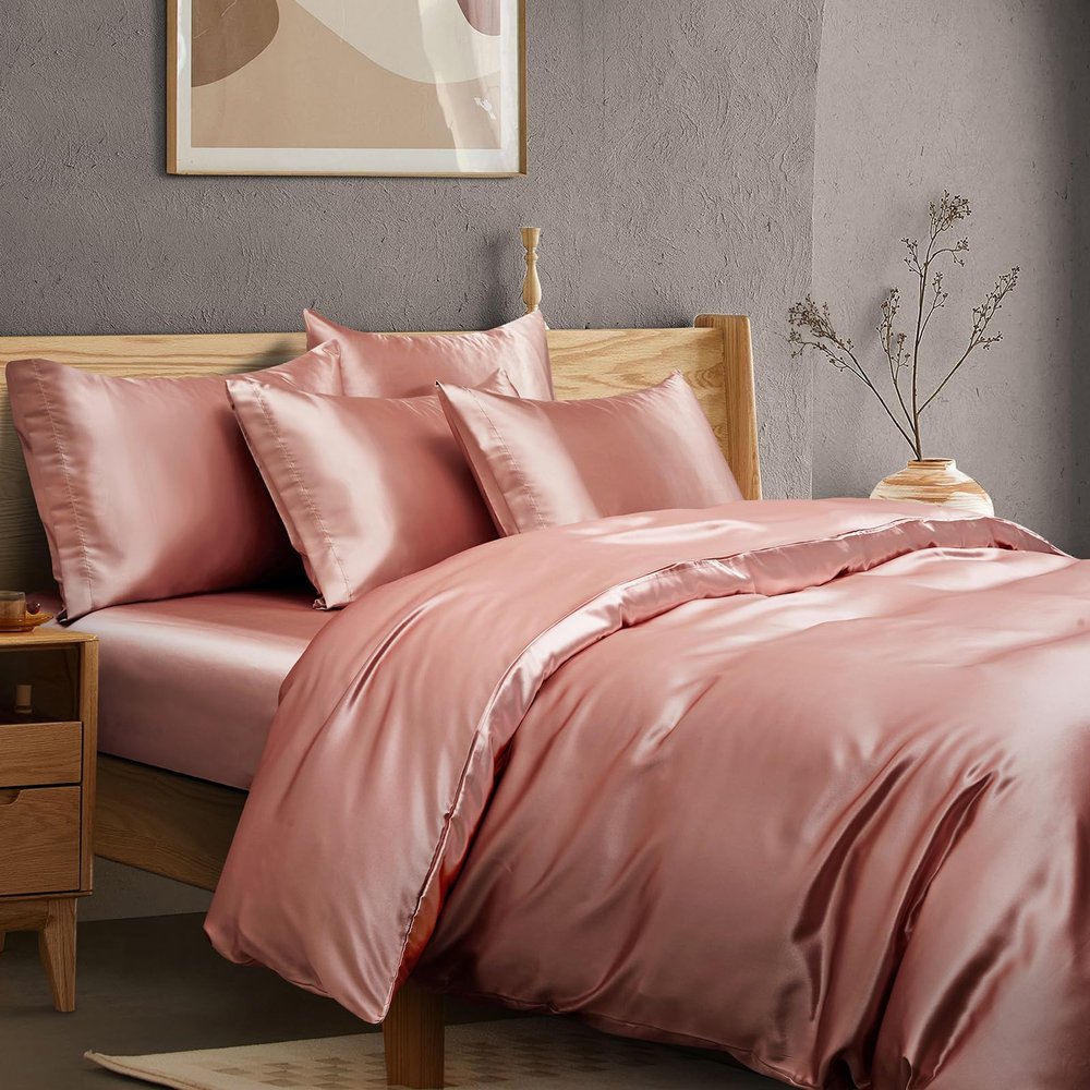 Manyshofu 6pc Rose Gold Duvet King Size Cover Set - Cooling & Silky Satin Duvet Cover & Sheet Set (4 Pillowcases, 1 Duvet Cover, 1 Fitted Sheet)