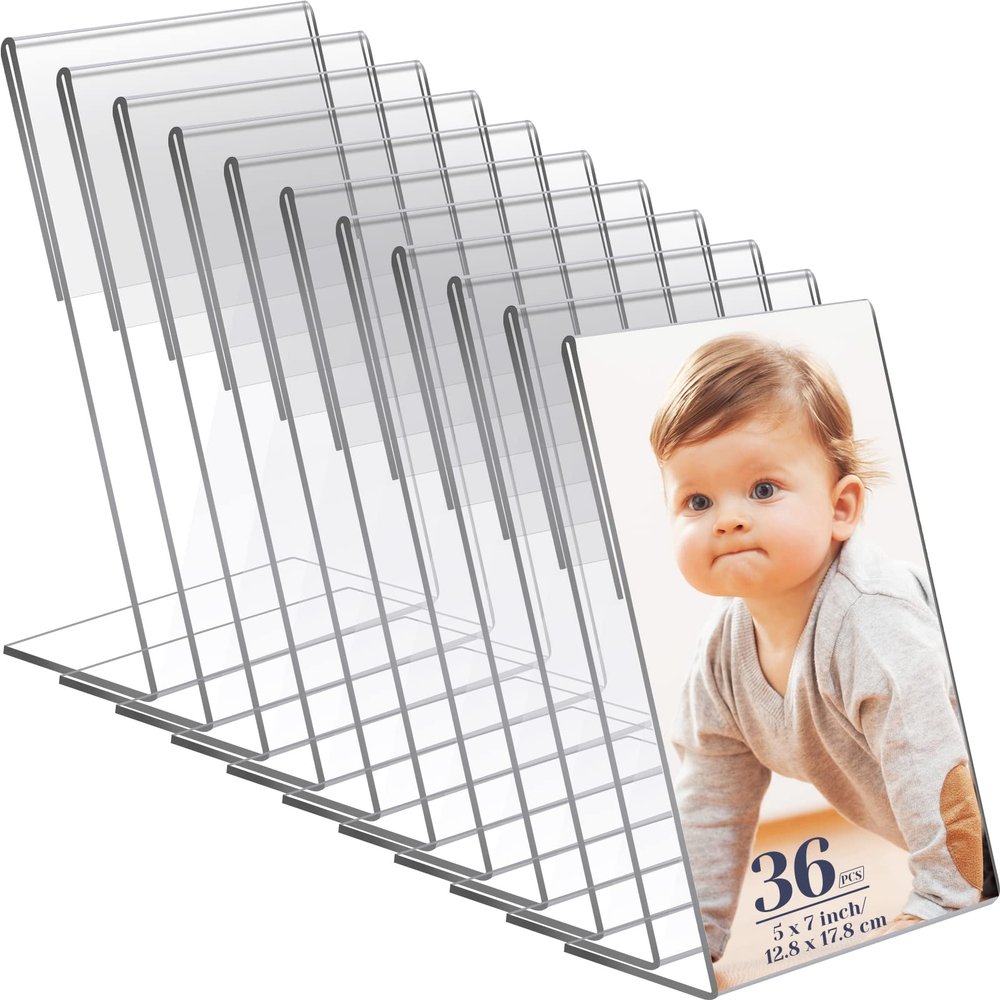 Tuanse 36 Pcs Acrylic Picture Frame Stand 5 x 7 Inches Photo Booth Frames Clear Sign Holder Vertical Stand Slanted Back Acrylic for Display Menu Flyer Collage Office Restaurant