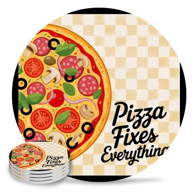 Ceramic Coasters Set of 8 Round Absorbent Drink Coasters Pizza on Yellow Check with Black Frame Bar Coaster Set with Holder Tabletop Protection for Dining Cafe Office