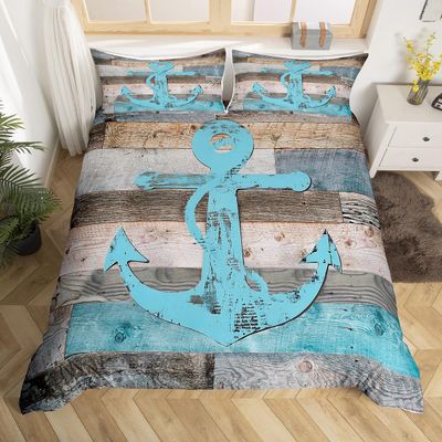 Anchor Nautical Duvet Cover Set King,Vintage Plank Blue Brown Bedding Set 3pcs for Kids Teens Adults Room Decor,Camping Adventure Comforter Cover,Rustic Farmhouse Quilt Cover with 2 Pillowcases