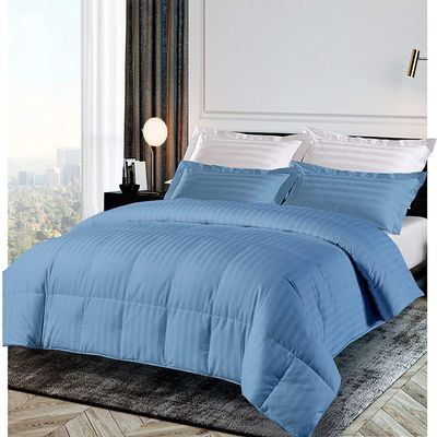 100% Egyptian Cotton 3 Pcs Light Blue Stripe Box Stitched Comforter Set 500 GSM Fill Power Palatial King Size Warmth Fluffy Quilted Comforter (1 Striped Comforter with 2 Matching Pillowshams)