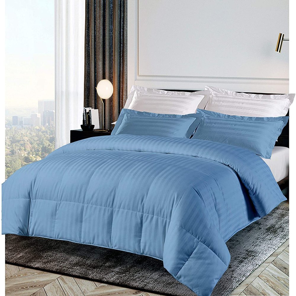 100% Egyptian Cotton 3 Pcs Light Blue Stripe Box Stitched Comforter Set 500 GSM Fill Power Palatial King Size Warmth Fluffy Quilted Comforter (1 Striped Comforter with 2 Matching Pillowshams)