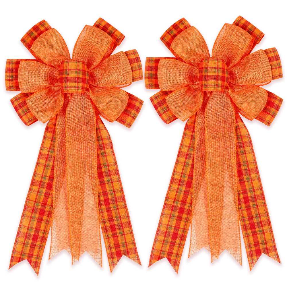 2 Pack Fall Bows for Wreaths Decorations for Home, Halloween Tree Topper Bow, Thanksgiving Bow with Orange Buffalo Plaid Burlap Front Door Outdoor