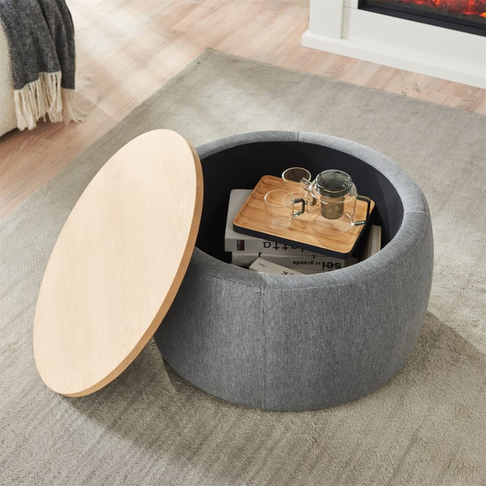 HABITRIO Round Storage Ottoman, Upholstered Footrest Stool with Wooden Top, Elegant Ottoman for Living Room and Bedroom, Dark Grey