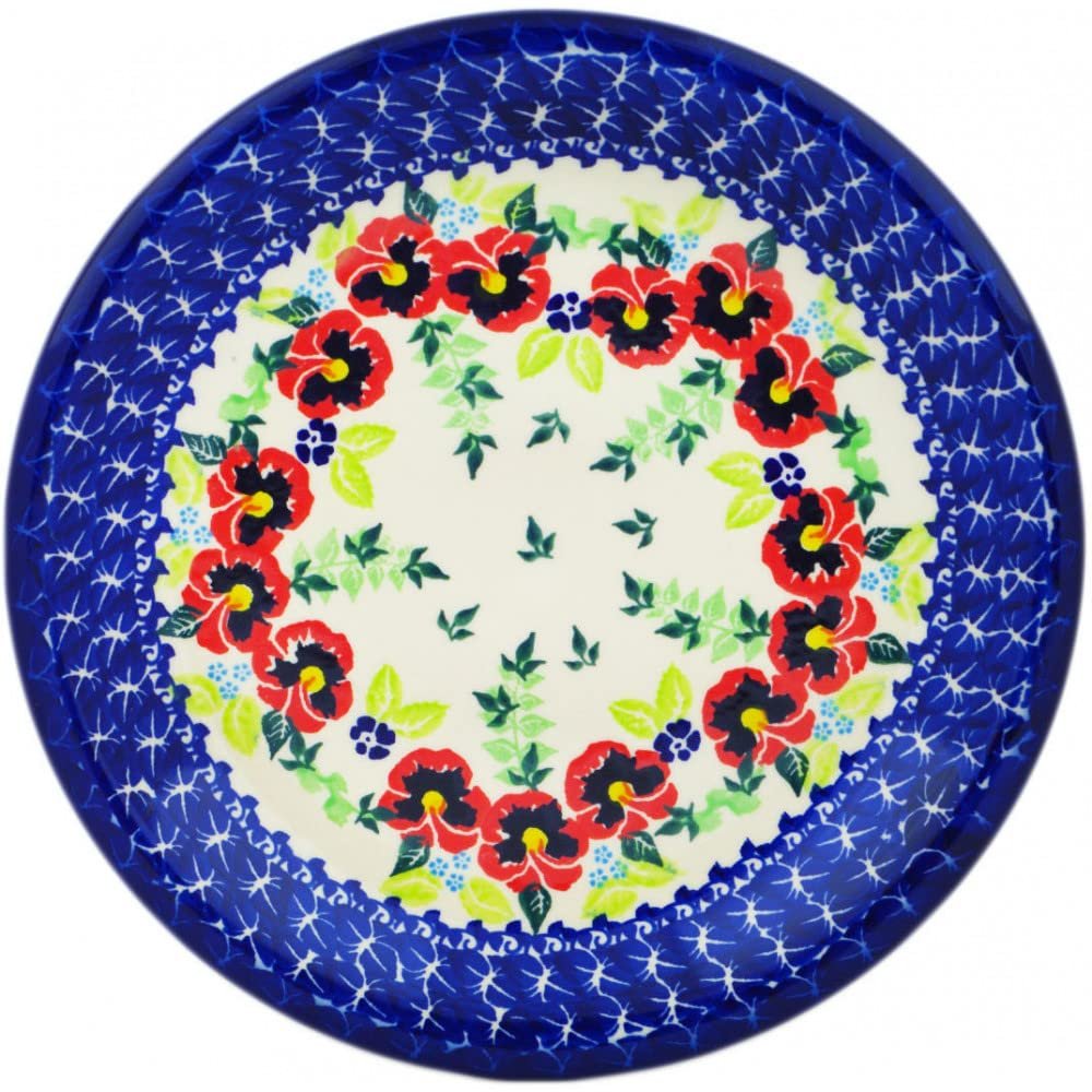 Polmedia Polish Pottery Lunch Plate UNIKAT - Pansy Wreath Pattern Handmade in Boleslawiec Poland by Ceramika Dalia + Certificate of Authenticity