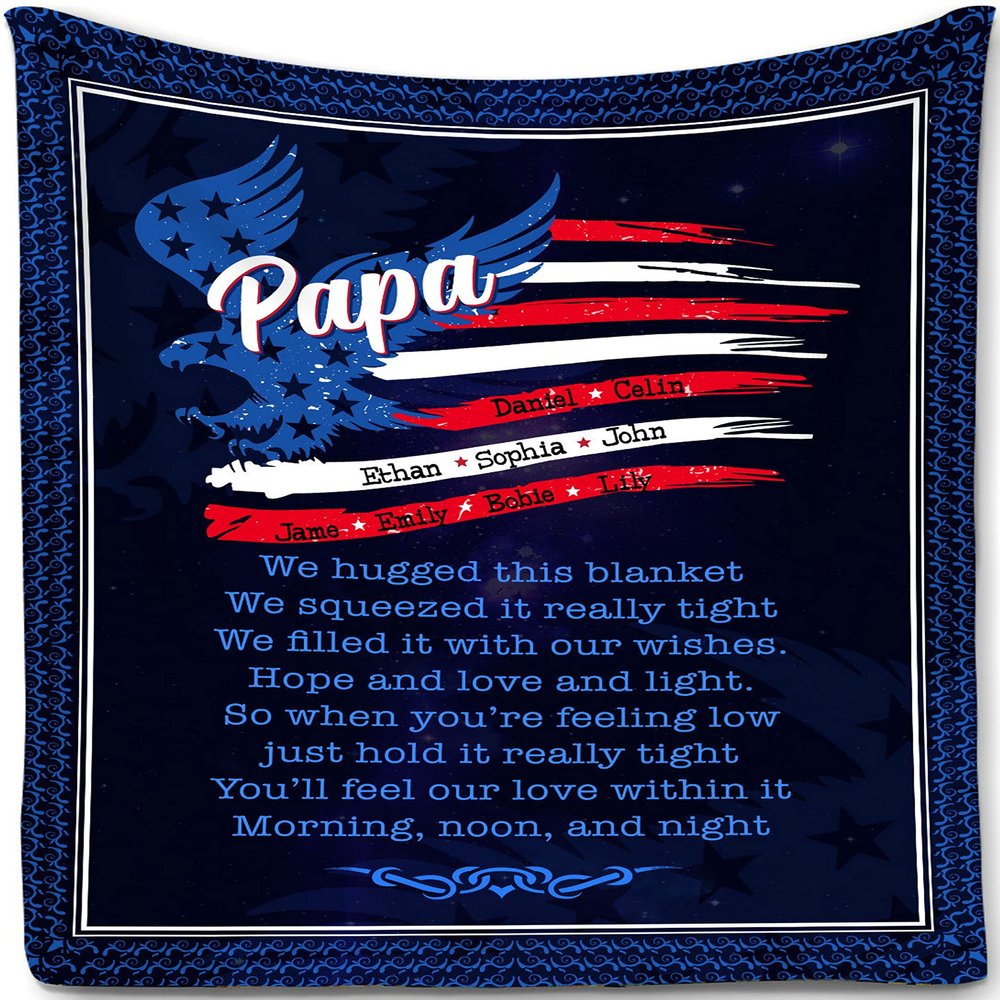 NAZENTI Father Blanket Personalized Papa Blanket, Eagle Flag Blanket - We Hugged This Blanket Custom Blanket for Daddy with Nickname, Fathers Day Blanket, Birthday Gifts for Dad 30x40 50x60 60x80