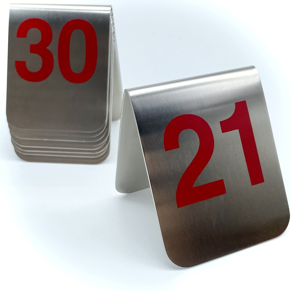 10 Pcs Metal Place Cards Stackable Tent Style Table NumbersPlace Card Holders for Celebration Wedding Party Restaurants Cafes Bars Gatherings meeting Room Board Game Serial (Medium 21-30, Red)