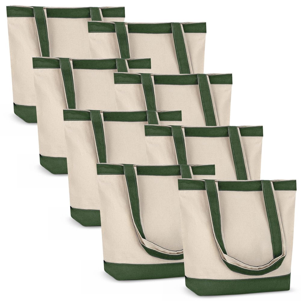 Canvas Tote Bag with Handles for Woman, Reusable Cloth Bag for Groceries and Shopping In Bulk - Blank Cotton Tote Bag, Suitable for DIY Projects Heavy Duty, 16"X14.5" With 4 Gusset, Green 8 Pack