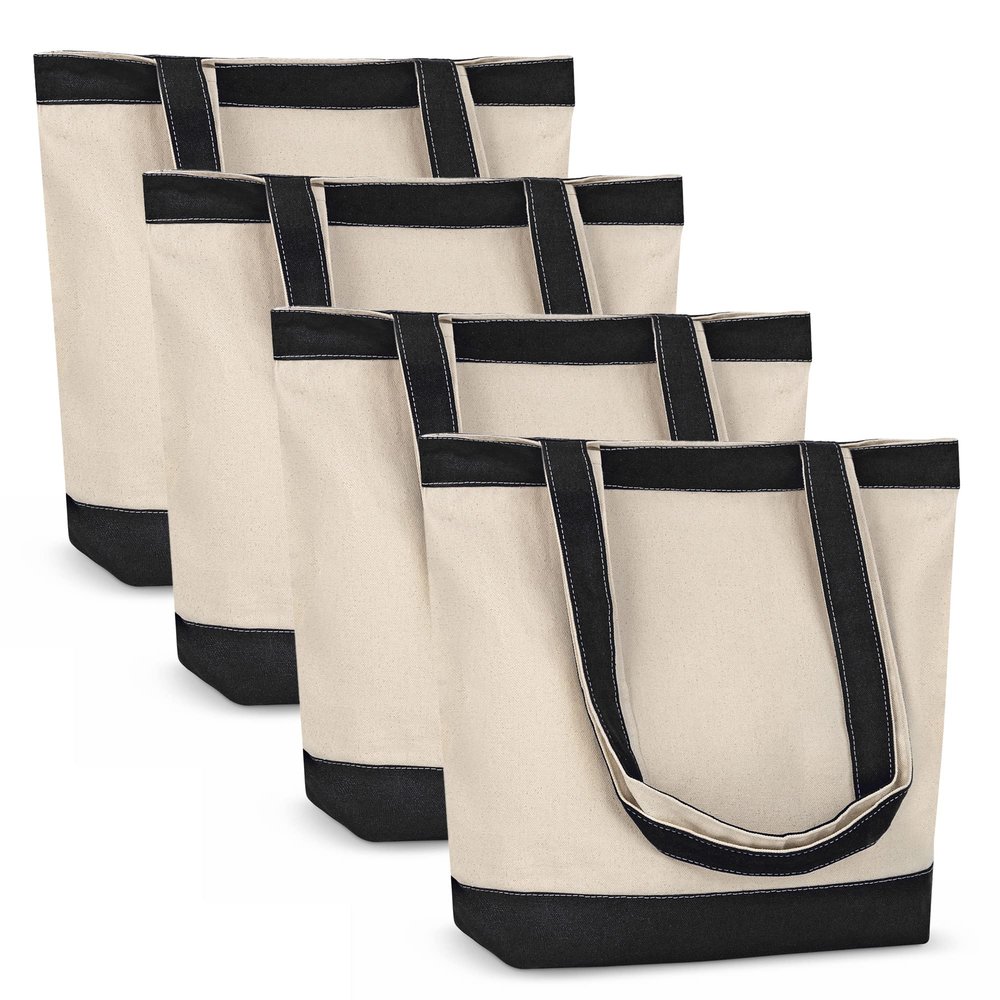Canvas Tote Bag with Handles for Woman, Reusable Cloth Bag for Groceries and Shopping In Bulk - Blank Cotton Tote Bag, Suitable for DIY Projects HEAVY DUTY, 16"X14.5" With 4 Gusset, Black 4 Pack