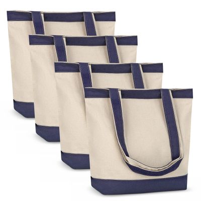 Canvas Tote Bag with Handles for Woman, Reusable Cloth Bag for Groceries and Shopping In Bulk - Blank Cotton Tote Bag, Suitable for DIY Projects HEAVY DUTY, 16"X14.5" With 4 Gusset, Blue 4 Pack