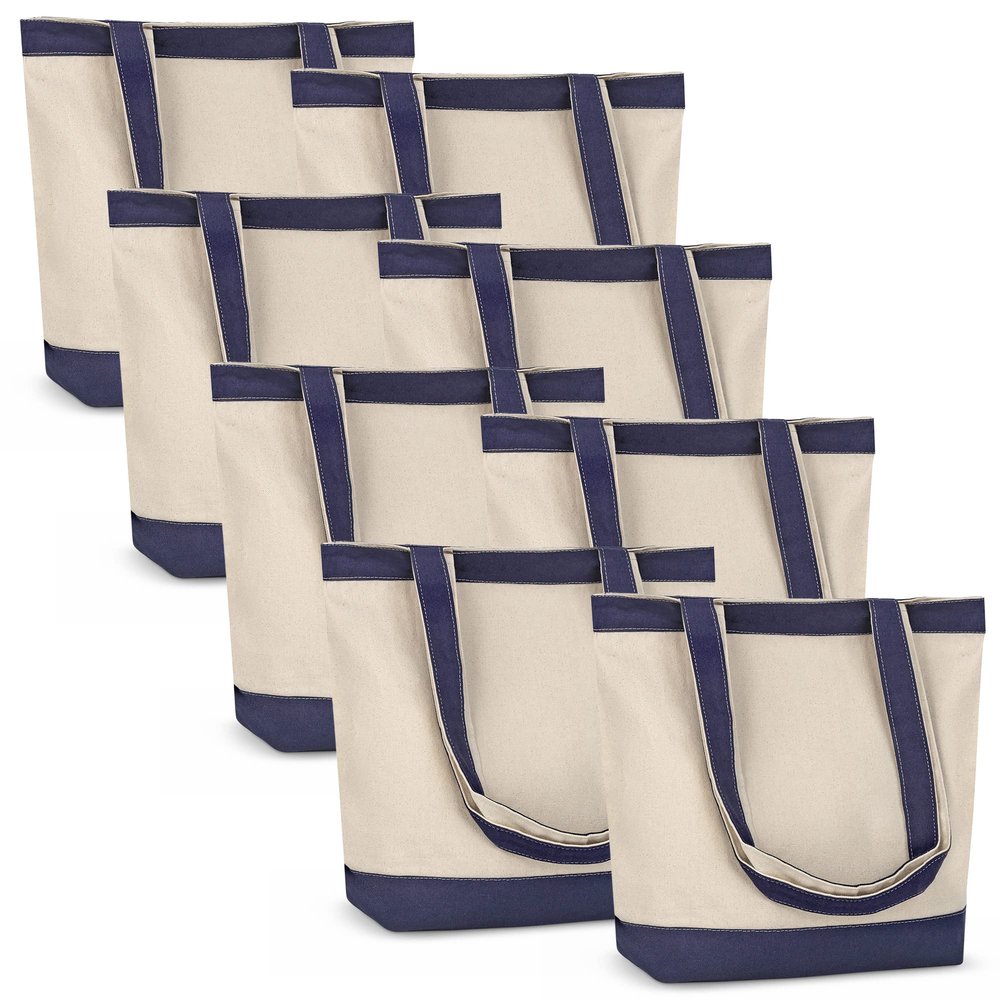 Canvas Tote Bag with Handles for Woman, Reusable Cloth Bag for Groceries and Shopping In Bulk - Blank Cotton Tote Bag, Suitable for DIY Projects Heavy Duty, 16"X14.5" With 4 Gusset, Blue 8 Pack