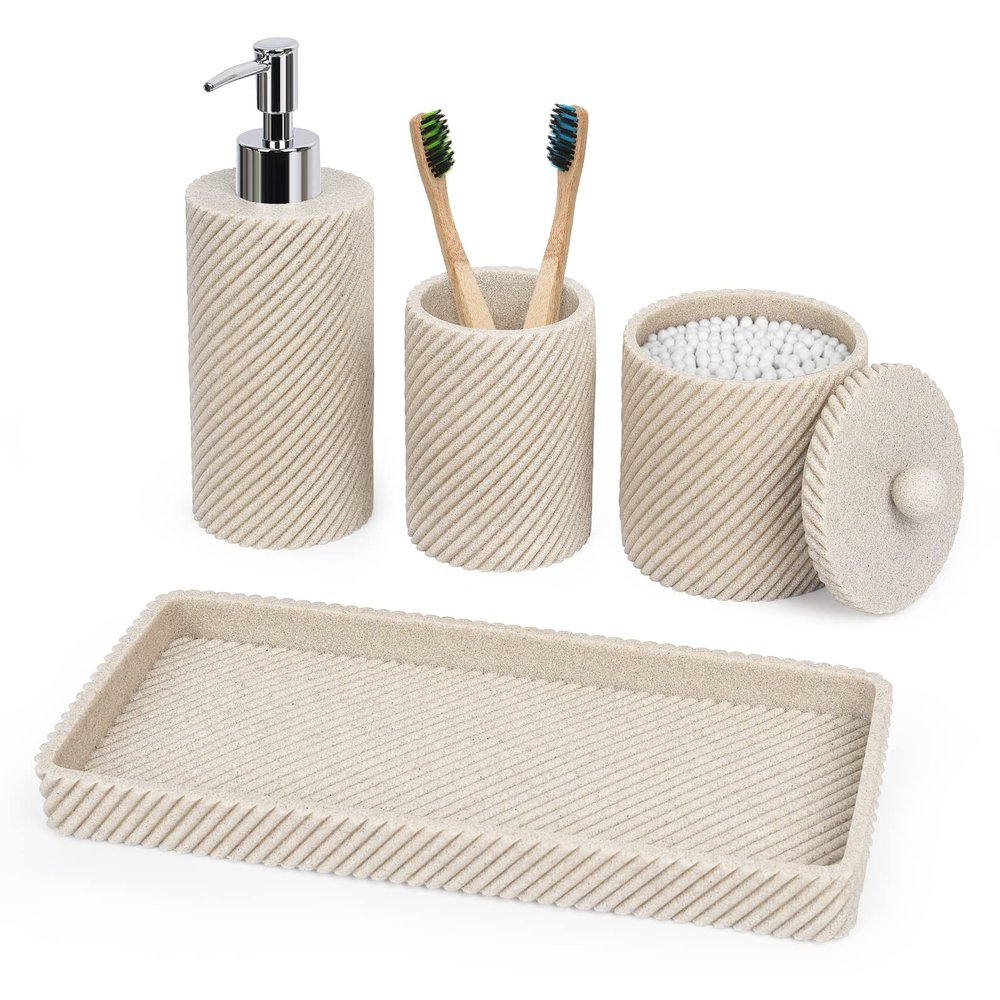 Beige Bathroom Accessories Set 4 Pcs - Toothbrush Holder,Lotion Soap Dispenser,Qtip Holder Dispenser,Vanity Tray for Countertop Vanity Organizer,Bathroom Accessory Set
