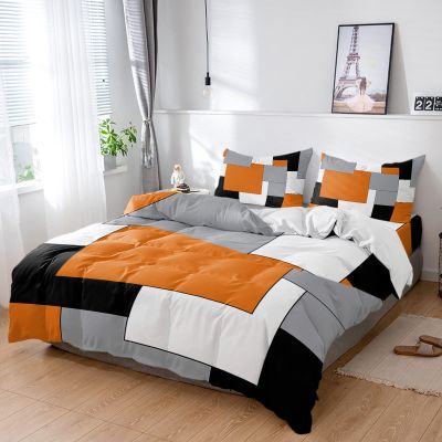 4 Piece Full Duvet Cover Set Abstract Color Block Orange Grey White Breathable Comforter Covers Ultra Soft Bed Sheet with Decoretive 2 Pillow Shams Bedding Collection Sets Geometric Plaid
