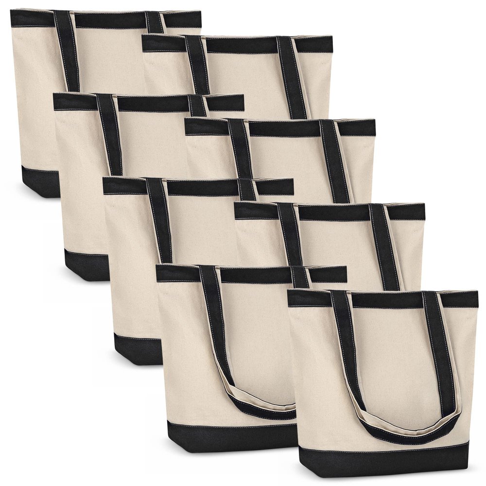 Canvas Tote Bag with Handles for Woman, Reusable Cloth Bag for Groceries and Shopping In Bulk - Blank Cotton Tote Bag, Suitable for DIY Projects HEAVY DUTY, 16"X14.5" With 4 Gusset, Black 8 Pack