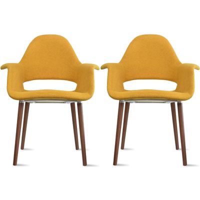 2xhome Mid Century Modern Upholstered Fabric Organic Accent Living Room Dining Chair Armchair Set with Back Armrest Dark Black Wood Wooden Legs for Kitchen Bedroom (2, Yellow, Dining)