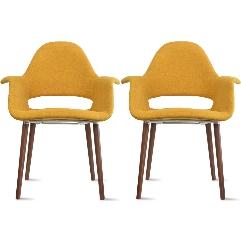 2xhome Mid Century Modern Upholstered Fabric Organic Accent Living Room Dining Chair Armchair Set with Back Armrest Dark Black Wood Wooden Legs for Kitchen Bedroom (2, Yellow, Dining)