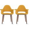 2xhome Mid Century Modern Upholstered Fabric Organic Accent Living Room Dining Chair Armchair Set with Back Armrest Dark Black Wood Wooden Legs for Kitchen Bedroom (2, Yellow, Dining) view 1