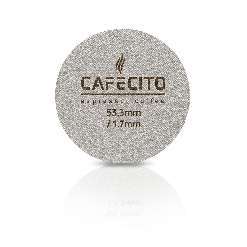CAFECITO Puck Screen Filter | 53.3mm Espresso Puck Screen | Silver | Professional 316L Stainless Steel Coffee Filter | 1.7mm Thick | 150 Micron / 100um Multi-Layer Mesh | Reusable Espresso Disc