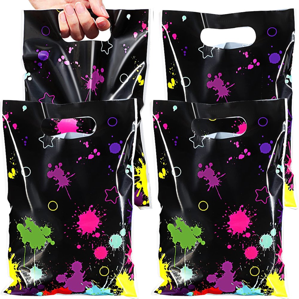 Pajean 50 Pcs Neon Goodie Bags Glow in the Dark Party Supplies with Die Cut Handles