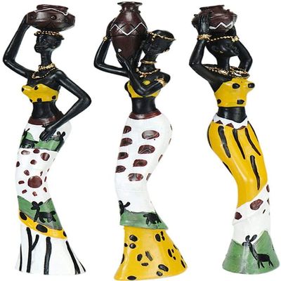 3pcs African Lady Figurine Tribal Lady Statues Resin Craft Ornaments for Home Hotel Living Room Decoration
