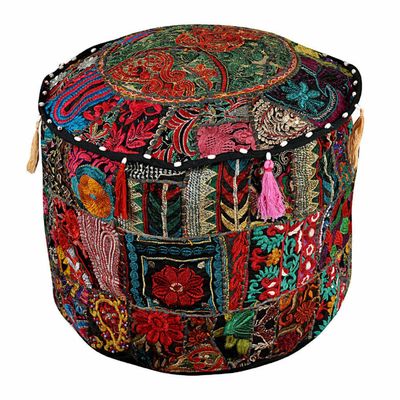 Round Pouf Ottoman Patchwork Footstool Embroidered Pouffe Cover