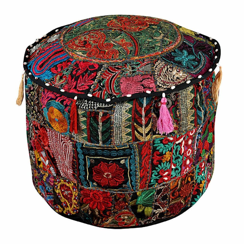 Round Pouf Ottoman Patchwork Footstool Embroidered Pouffe Cover
