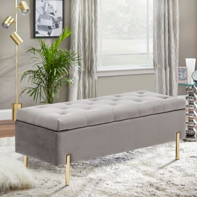 Apeaka Velvet Storage Bench for Bedroom Upholstered Tufted Bed Bench with Storage Living Room Entryway Rectangular Ottoman Bench with Gold Legs Gray