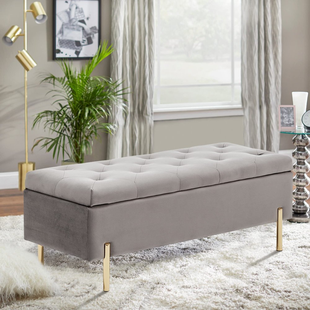 Apeaka Velvet Storage Bench for Bedroom Upholstered Tufted Bed Bench with Storage Living Room Entryway Rectangular Ottoman Bench with Gold Legs Gray