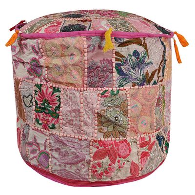 Embroidered Patchwork Pouf Vintage Round Seating Footstool Ottoman Pouff Cover