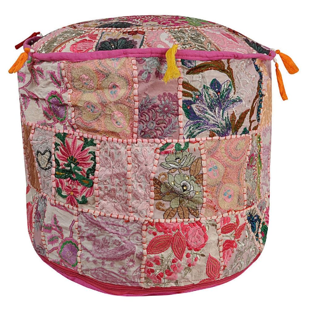 Embroidered Patchwork Pouf Vintage Round Seating Footstool Ottoman Pouff Cover