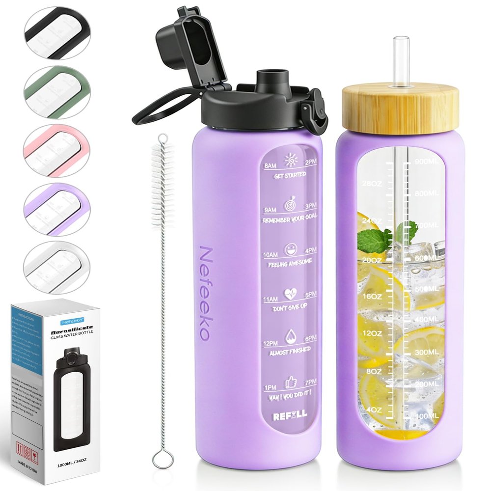 Nefeeko 32 oz Glass Water Bottles with Straw, Motivational Glass Water Bottle with Time Marker, 1 Liter BPA FREE Leakproof Reusable Glass Water Bottle with Silicone Sleeve, Bamboo Lid, Spout Lid