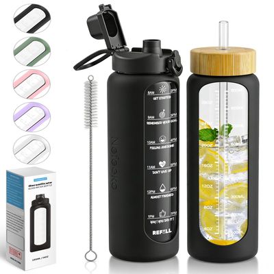 Nefeeko 32 oz Glass Water Bottles with Straw, Time Marker, Motivational 1 Liter BPA FREE Leakproof Reusable Glass Water Bottle with Silicone Sleeve, Bamboo, Spout Lid