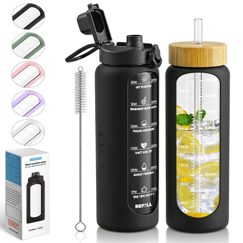 Nefeeko 32 oz Glass Water Bottles with Straw, Time Marker, Motivational 1 Liter BPA FREE Leakproof Reusable Glass Water Bottle with Silicone Sleeve, Bamboo, Spout Lid