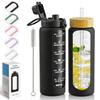 Nefeeko 32 oz Glass Water Bottles with Straw, Time Marker, Motivational 1 Liter BPA FREE Leakproof Reusable Glass Water Bottle with Silicone Sleeve, Bamboo, Spout Lid view 1