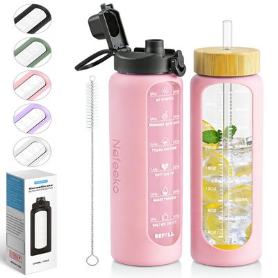 Nefeeko 32 oz Glass Water Bottles with Straw, Motivational Time Marker, 1 Liter BPA FREE Leakproof Reusable Glass Water Bottle with Silicone Sleeve, Bamboo Lid, Spout Lid