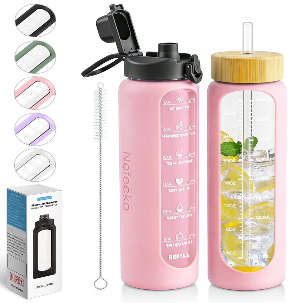 Nefeeko 32 oz Glass Water Bottles with Straw, Motivational Time Marker, 1 Liter BPA FREE Leakproof Reusable Glass Water Bottle with Silicone Sleeve, Bamboo Lid, Spout Lid