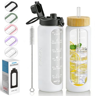 Nefeeko 32 oz Glass Water Bottles with Straw, Motivational Glass Water Bottle with Time Marker, 1 Liter BPA FREE Leakproof Reusable Glass Water Bottle with Silicone Sleeve, Bamboo Lid, Spout Lid