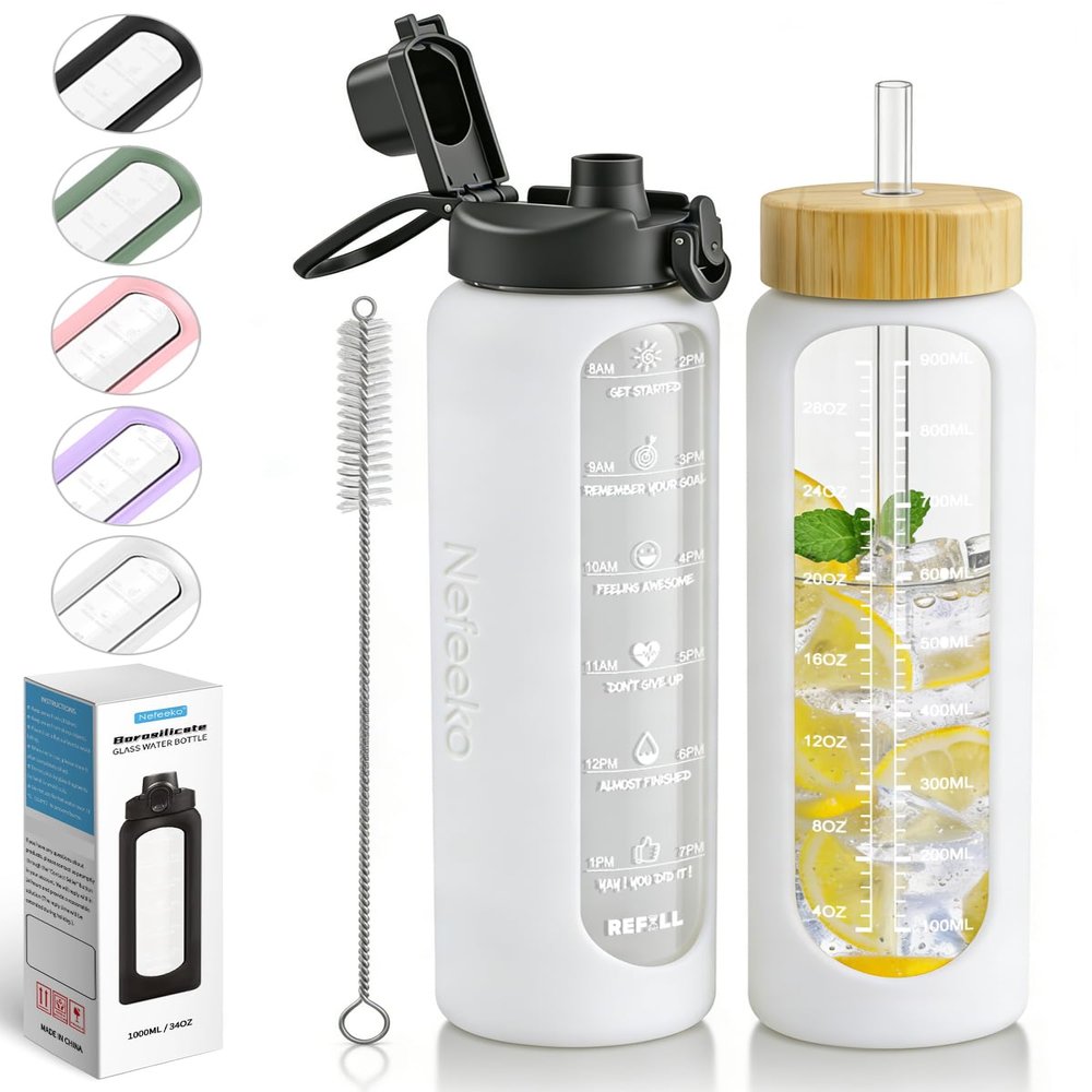 Nefeeko 32 oz Glass Water Bottles with Straw, Motivational Glass Water Bottle with Time Marker, 1 Liter BPA FREE Leakproof Reusable Glass Water Bottle with Silicone Sleeve, Bamboo Lid, Spout Lid