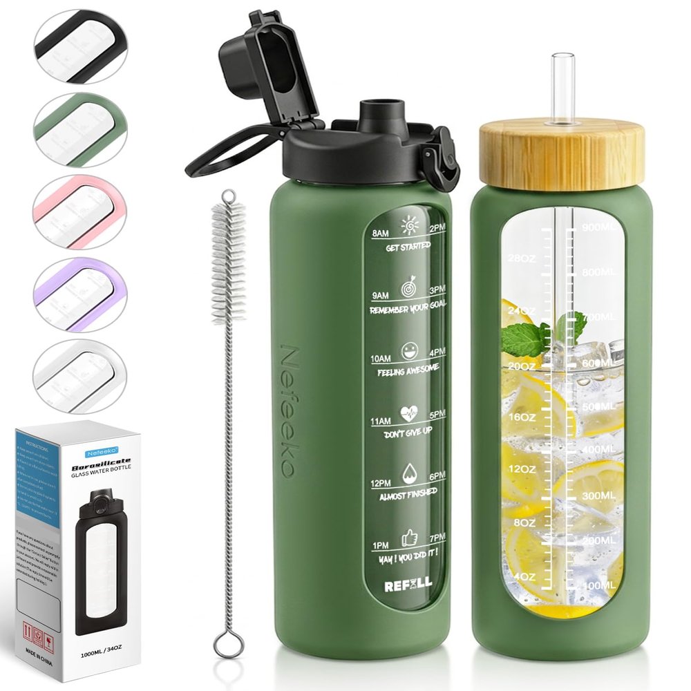 Nefeeko 32 oz Glass Water Bottles with Straw, Time Marker, Motivational 1 Liter BPA FREE Leakproof Reusable Glass Water Bottle with Silicone Sleeve, Bamboo, Spout Lid