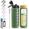 Nefeeko 32 oz Glass Water Bottles with Straw, Time Marker, Motivational 1 Liter BPA FREE Leakproof Reusable Glass Water Bottle with Silicone Sleeve, Bamboo, Spout Lid view 1