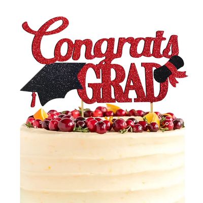 Congrats Grad Cake Topper, Class of 2025 Themed Graduation Party Decorations for University College High School Celebration Party Supplies (Red)