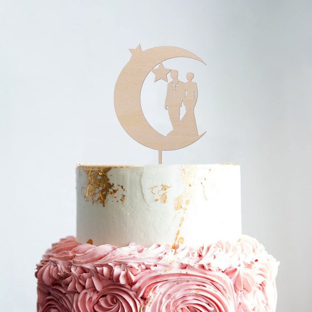 Couple Silhouette Wedding Cake Topper Moon Stars Cake Topper Mr And Mrs Cake Toppers for Wedding Wood Wedding Cake Topper Custom Bride And Groom Cake Topper Rustic Wreath Cake Topper
