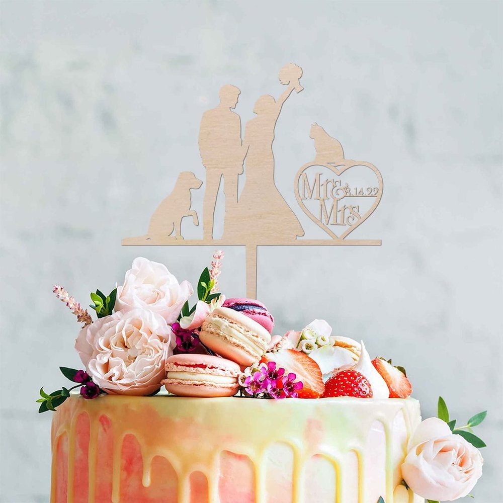 Custom Mr Mrs Cake Topper Hearts Dog Cat Cake Topper Couple Silhouette Wedding Cake Topper Wedding Mr & Mrs Cake Topper Beach Wedding Bridal Shower Decor Wood Cake Topper for Wedding