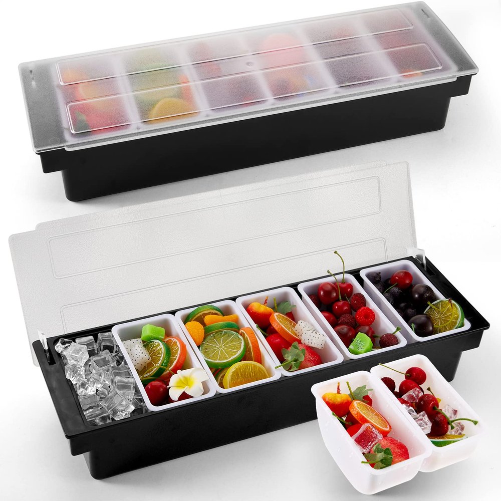 2 Pcs Bar Fruit Caddy with Lid Salad Condiment Server Black Plastic Garnish Tray Ice Chilled Condiment Caddy for Home Restaurant Bartending Serving Veggie Taco Salad Party Supplies(6 Compartments)