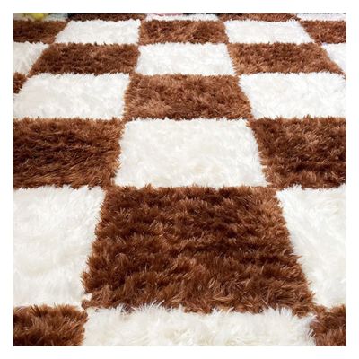 16Pcs Plush Puzzle Foam Floor Mat,Thick Square Interlocking Fluffy Tiles,Soft Climbing Carpet Mats,Shaggy Area Rug for Room Floor,12X12inch,White + Coffee