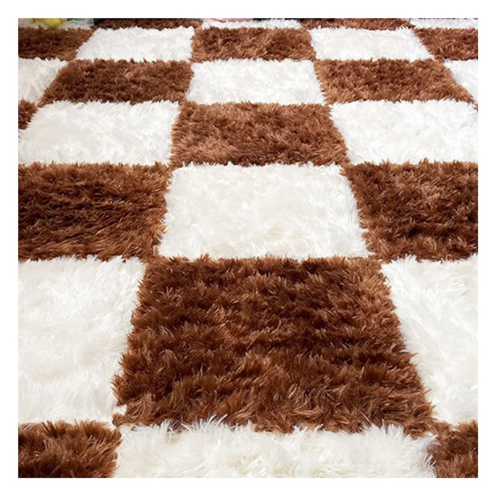 16Pcs Plush Puzzle Foam Floor Mat,Thick Square Interlocking Fluffy Tiles,Soft Climbing Carpet Mats,Shaggy Area Rug for Room Floor,12X12inch,White + Coffee