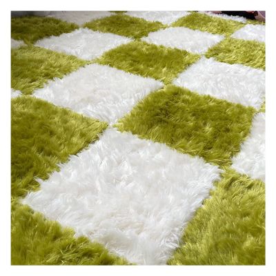 16Pcs Plush Puzzle Foam Floor Mat,Thick Square Interlocking Fluffy Tiles,Soft Climbing Carpet Mats,Shaggy Area Rug for Room Floor,12X12inch,White + Green